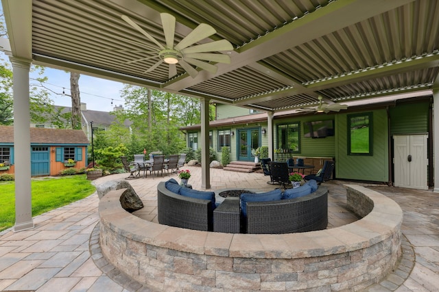 23 Blackhaw Dr, Cromwell, CT 06416 - view of patio / terrace featuring outdoor dining area, french doors, ceiling fan, and an outbuilding