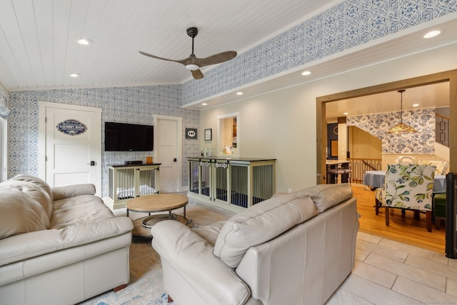 23 Blackhaw Dr, Cromwell, CT 06416 - living room featuring wallpapered walls, ceiling fan, lofted ceiling, recessed lighting, and light tile patterned floors