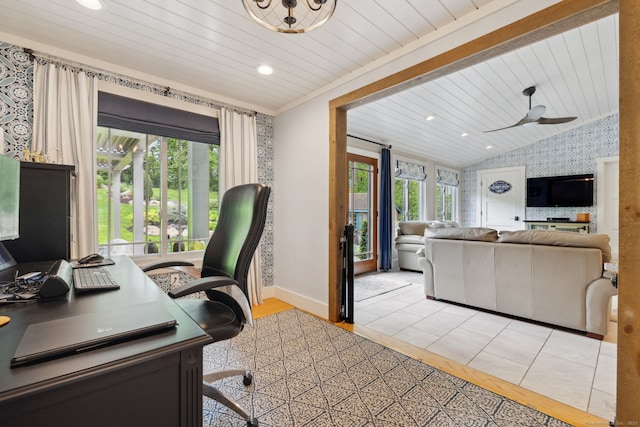 23 Blackhaw Dr, Cromwell, CT 06416 - office area featuring wallpapered walls, plenty of natural light, vaulted ceiling, recessed lighting, and wood ceiling