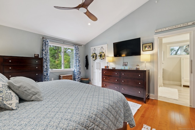 23 Blackhaw Dr, Cromwell, CT 06416 - bedroom with wood finished floors, ceiling fan, high vaulted ceiling, recessed lighting, and baseboards