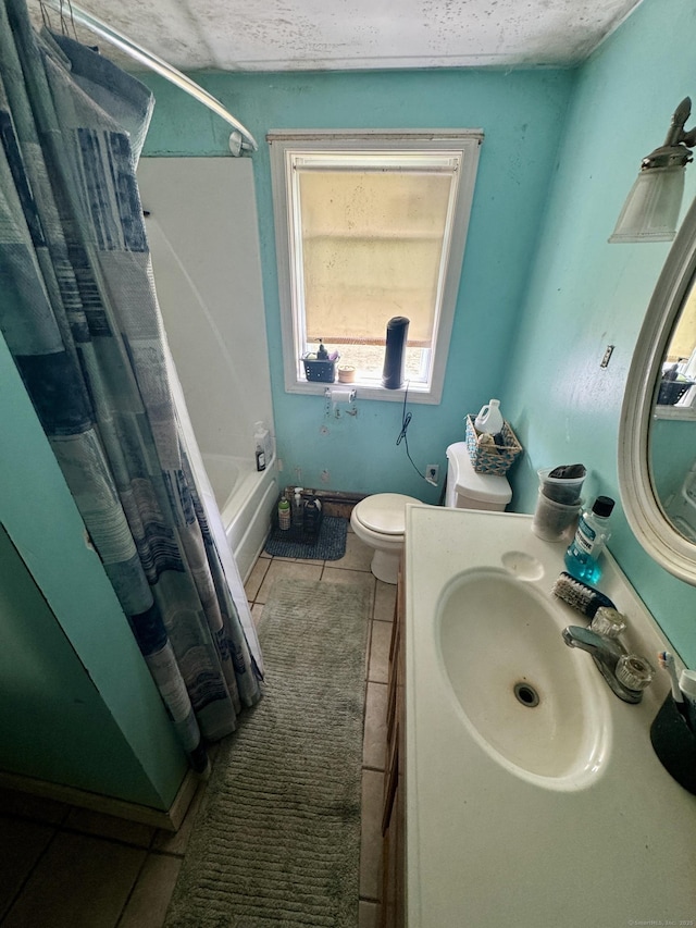 710 Middle Tpke W, Manchester, CT 06040 - bathroom with tile patterned floors, vanity, toilet, and shower / bathtub combination with curtain