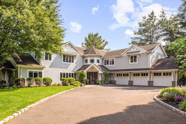 166 Long Lots Rd, Westport, CT 06880 - shingle-style home featuring board and batten siding, driveway, french doors, a front yard, and an attached garage