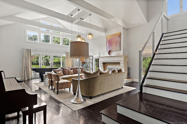 166 Long Lots Rd, Westport, CT 06880 - living area with high vaulted ceiling, stairway, billiards table, beam ceiling, and wood finished floors