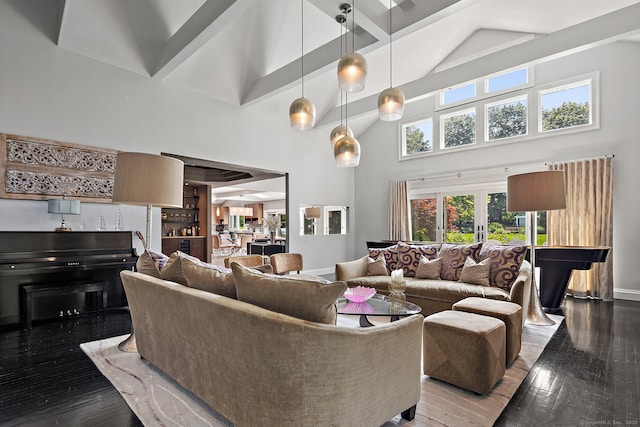 166 Long Lots Rd, Westport, CT 06880 - living area featuring a high ceiling, wood-type flooring, and french doors