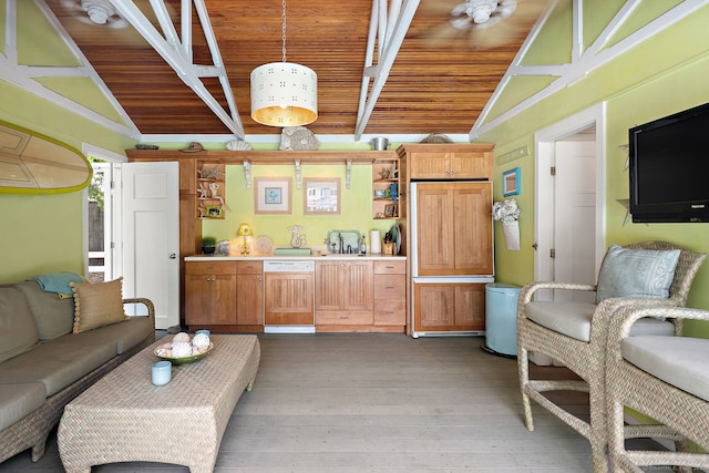 166 Long Lots Rd, Westport, CT 06880 - living room with light wood-type flooring and wooden ceiling