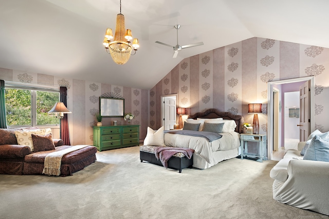 166 Long Lots Rd, Westport, CT 06880 - bedroom with wallpapered walls, lofted ceiling, a chandelier, and light colored carpet