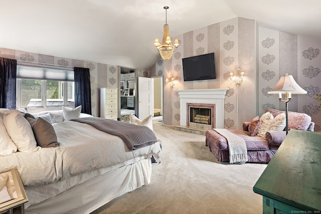 166 Long Lots Rd, Westport, CT 06880 - carpeted bedroom featuring wallpapered walls, vaulted ceiling, a chandelier, and a fireplace with raised hearth