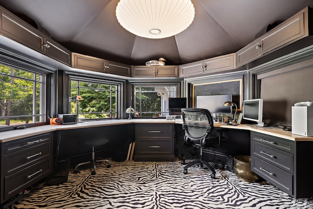166 Long Lots Rd, Westport, CT 06880 - carpeted office space featuring built in desk, lofted ceiling, and healthy amount of natural light