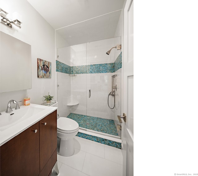 166 Long Lots Rd, Westport, CT 06880 - bathroom featuring a stall shower, vanity, and tile patterned flooring
