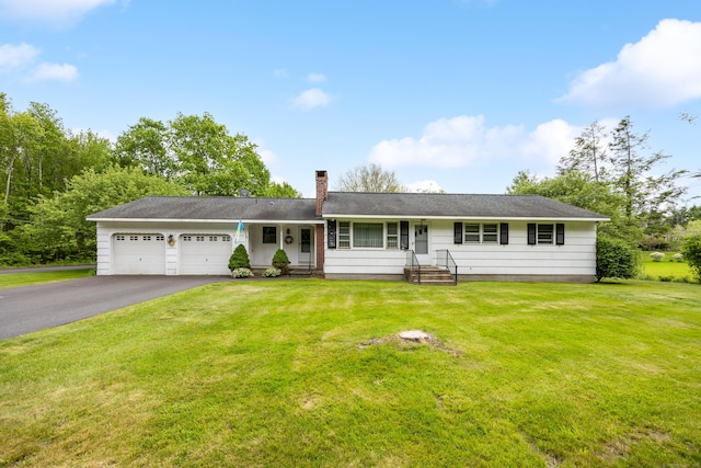 413 Hickory Hill Rd, Thomaston, CT 06787 - ranch-style home featuring an attached garage, a chimney, asphalt driveway, and a front lawn