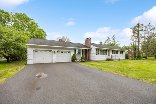 413 Hickory Hill Rd, Thomaston, CT 06787 - single story home with an attached garage, asphalt driveway, a front yard, and a chimney