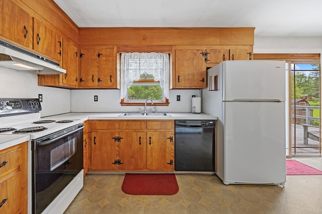 413 Hickory Hill Rd, Thomaston, CT 06787 - kitchen with white appliances, a sink, under cabinet range hood, light countertops, and brown cabinetry