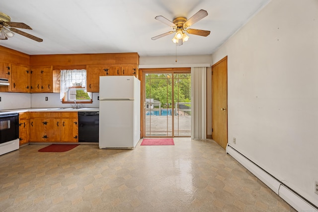 413 Hickory Hill Rd, Thomaston, CT 06787 - kitchen with white appliances, ceiling fan, a baseboard heating unit, and brown cabinetry