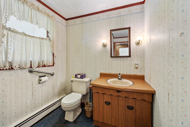 413 Hickory Hill Rd, Thomaston, CT 06787 - bathroom featuring a baseboard heating unit, vanity, ornamental molding, and toilet