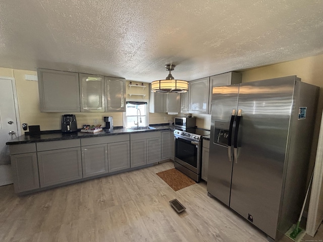 1012 Old Colony Rd Lot 85, Meriden, CT 06451 - kitchen featuring appliances with stainless steel finishes, a textured ceiling, dark countertops, a sink, and gray cabinets