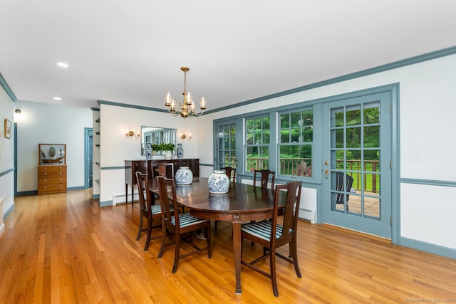 66 Saunders Dr, Wilton, CT 06897 - dining space with a chandelier, light wood finished floors, baseboard heating, ornamental molding, and recessed lighting