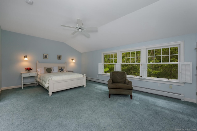 66 Saunders Dr, Wilton, CT 06897 - carpeted bedroom featuring a baseboard heating unit, vaulted ceiling, multiple windows, and ceiling fan