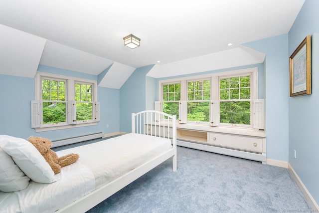 66 Saunders Dr, Wilton, CT 06897 - carpeted bedroom with baseboard heating, recessed lighting, and vaulted ceiling