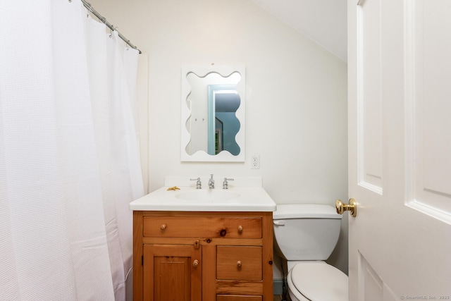 66 Saunders Dr, Wilton, CT 06897 - bathroom featuring vanity, lofted ceiling, and a shower with shower curtain