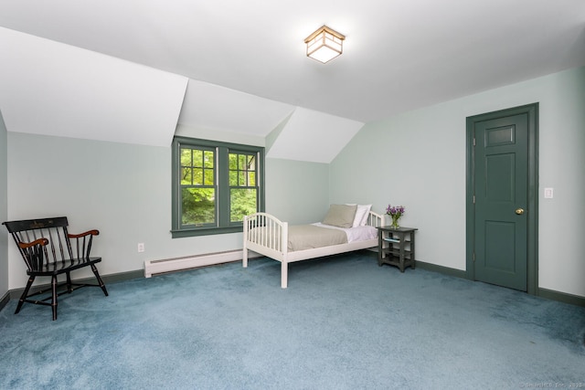 66 Saunders Dr, Wilton, CT 06897 - bedroom featuring a baseboard radiator, carpet, and lofted ceiling
