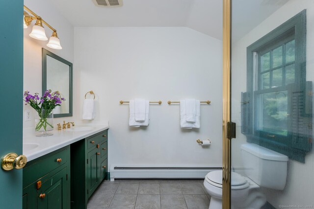 66 Saunders Dr, Wilton, CT 06897 - bathroom with baseboard heating, double vanity, tile patterned flooring, and lofted ceiling