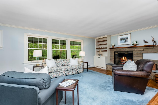 66 Saunders Dr, Wilton, CT 06897 - living room featuring wood finished floors, crown molding, and a stone fireplace