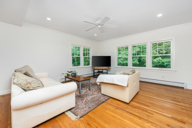 66 Saunders Dr, Wilton, CT 06897 - living room with a baseboard radiator, crown molding, ceiling fan, light wood-style floors, and recessed lighting