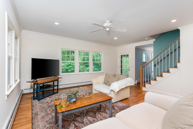 66 Saunders Dr, Wilton, CT 06897 - living area with baseboard heating, wood finished floors, ornamental molding, a ceiling fan, and recessed lighting