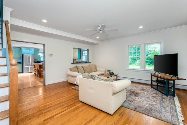 66 Saunders Dr, Wilton, CT 06897 - living room featuring ceiling fan, crown molding, healthy amount of natural light, light wood finished floors, and recessed lighting