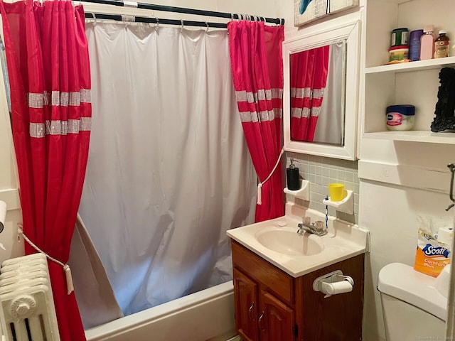 190 Holcomb St, Hartford, CT 06112 - full bathroom with radiator, backsplash, toilet, shower / bath combo with shower curtain, and vanity