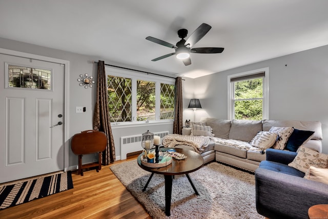 314 Old Wolcott Rd, Bristol, CT 06010 - living room featuring radiator, light wood-style flooring, and a ceiling fan
