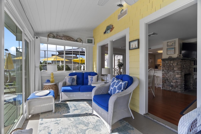15 Attawan Ave, East Lyme, CT 06357 - sunroom featuring lofted ceiling, outdoor lounge area, and a ceiling fan