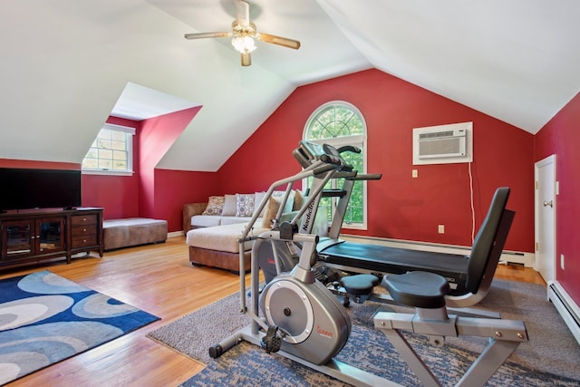 10 Colonial Dr, Clinton, CT 06413 - exercise room with vaulted ceiling, healthy amount of natural light, wood finished floors, ceiling fan, and a baseboard radiator