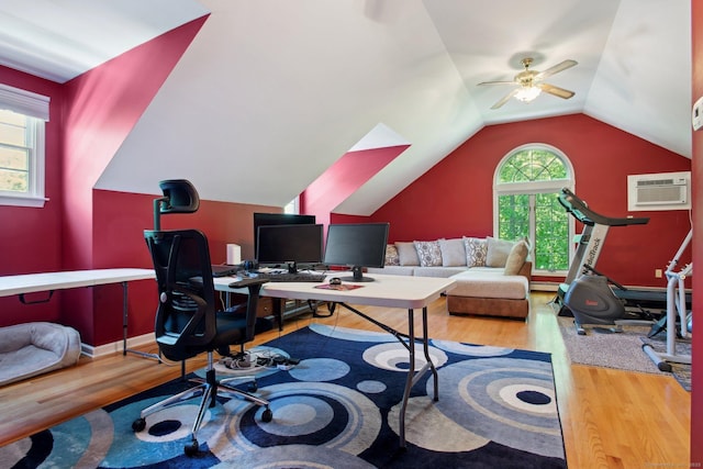 10 Colonial Dr, Clinton, CT 06413 - office space with wood finished floors, a wall mounted AC, a ceiling fan, and lofted ceiling