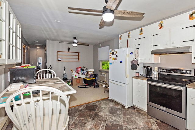 8 Sycamore Rd, East Lyme, CT 06357 - kitchen with electric range, under cabinet range hood, white cabinets, stone finish flooring, and freestanding refrigerator