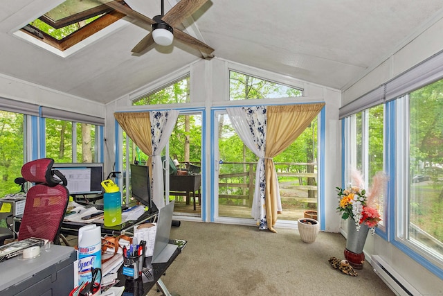8 Sycamore Rd, East Lyme, CT 06357 - sunroom / solarium featuring baseboard heating, vaulted ceiling, carpet floors, and a skylight