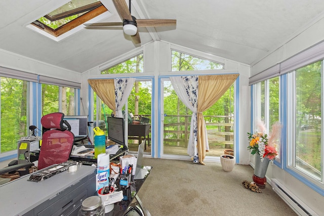 8 Sycamore Rd, East Lyme, CT 06357 - sunroom / solarium featuring baseboard heating, vaulted ceiling, carpet floors, and a skylight