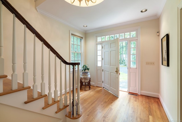 14 Fernhurst, Farmington, CT 06032 - foyer featuring stairway, crown molding, light wood-style flooring, baseboards, and recessed lighting