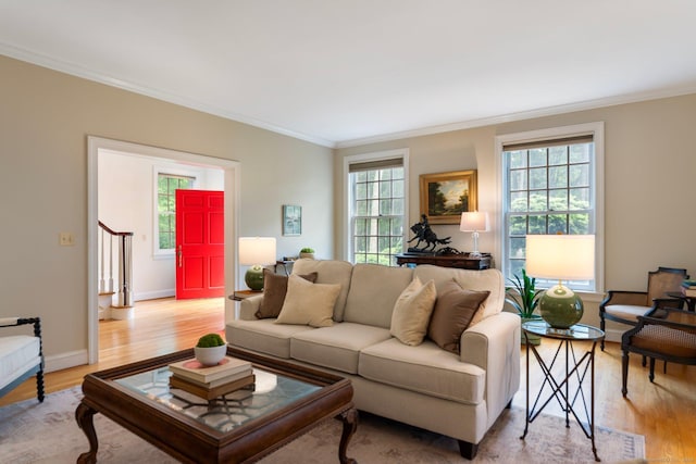 14 Fernhurst, Farmington, CT 06032 - living room with ornamental molding, light wood-style floors, and baseboards