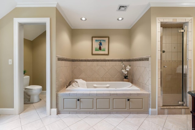 14 Fernhurst, Farmington, CT 06032 - full bath featuring toilet, a bath, tile patterned flooring, a stall shower, and ornamental molding