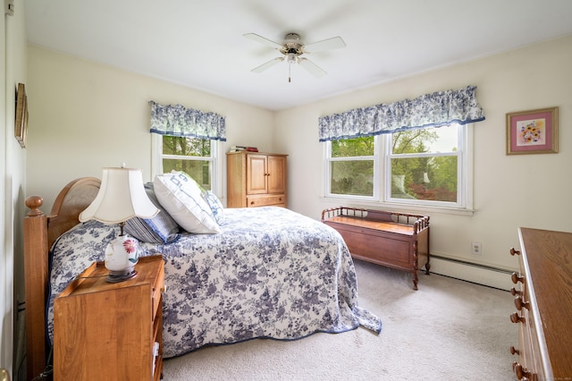 5 Old Bethel Rd, Newtown, CT 06470 - bedroom with a baseboard radiator, multiple windows, light carpet, and ceiling fan