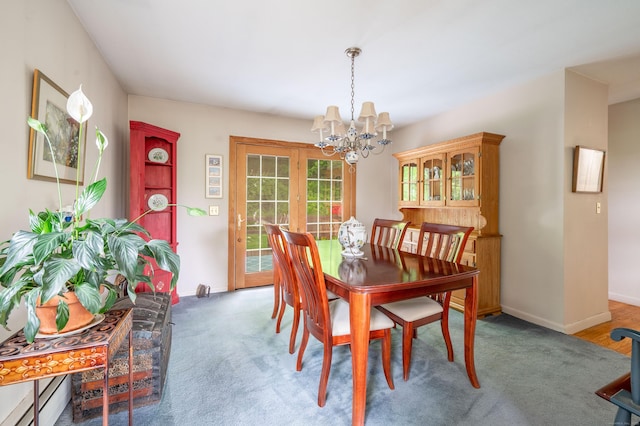 5 Old Bethel Rd, Newtown, CT 06470 - dining area with a chandelier, a baseboard heating unit, baseboards, and carpet
