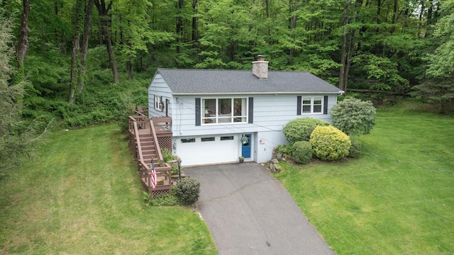 5 Old Bethel Rd, Newtown, CT 06470 - view of front facade featuring asphalt driveway, stairway, a chimney, roof with shingles, and a front lawn