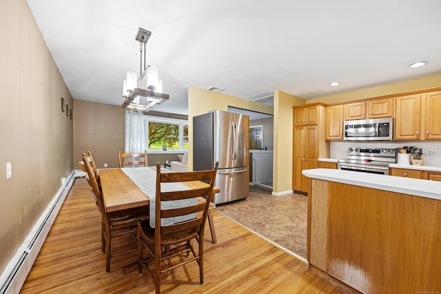 55 Andrasko Rd, Beacon Falls, CT 06403 - dining space featuring a baseboard radiator, light wood-style floors, a chandelier, recessed lighting, and baseboards
