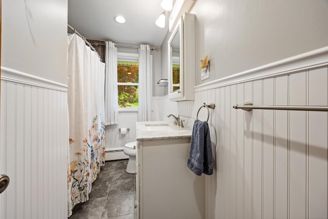 55 Andrasko Rd, Beacon Falls, CT 06403 - full bath featuring baseboard heating, toilet, a wainscoted wall, vanity, and curtained shower