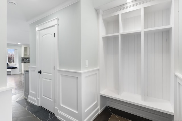 864 Baldwin St, Waterbury, CT 06706 - mudroom featuring crown molding, a wainscoted wall, recessed lighting, and a decorative wall