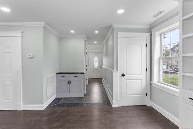 864 Baldwin St, Waterbury, CT 06706 - hallway with recessed lighting, crown molding, baseboards, and dark wood finished floors