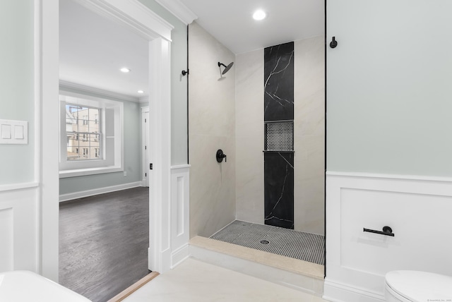 864 Baldwin St, Waterbury, CT 06706 - bathroom featuring toilet, a walk in shower, recessed lighting, wood finished floors, and crown molding
