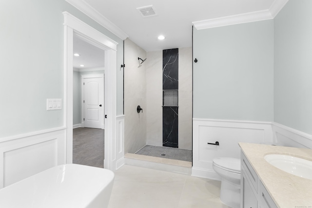 864 Baldwin St, Waterbury, CT 06706 - full bath featuring ornamental molding, a walk in shower, recessed lighting, toilet, and vanity