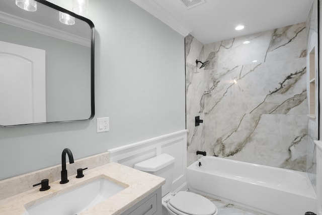 864 Baldwin St, Waterbury, CT 06706 - full bathroom featuring crown molding, washtub / shower combination, vanity, toilet, and recessed lighting